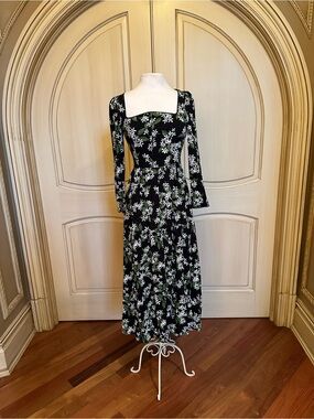 Reformation Black Floral Square-Neck Long Sleeve Midi Dress with Green Accents